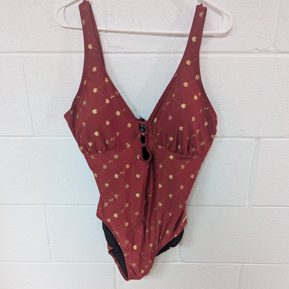 NWOT Coogi Red & Gold Metallic Logo Swimsuit, 1X